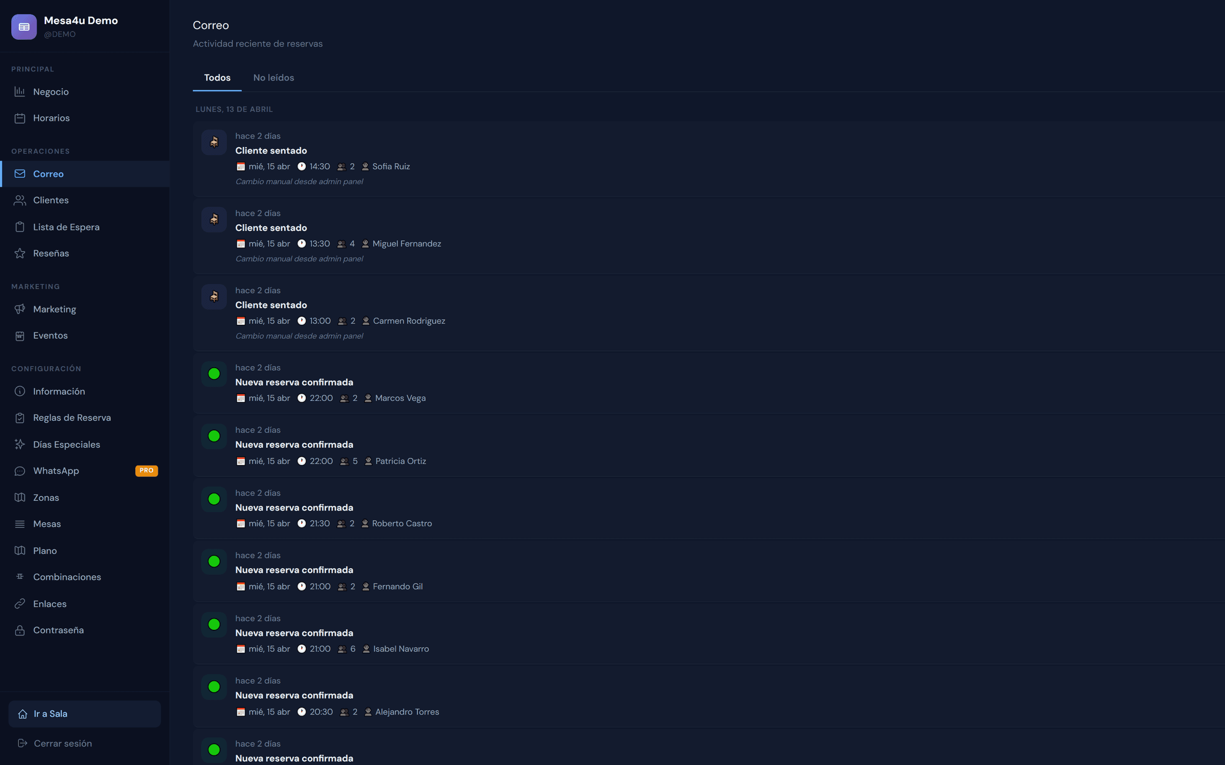 Mesa4U — bandeja de confirmaciones automáticas