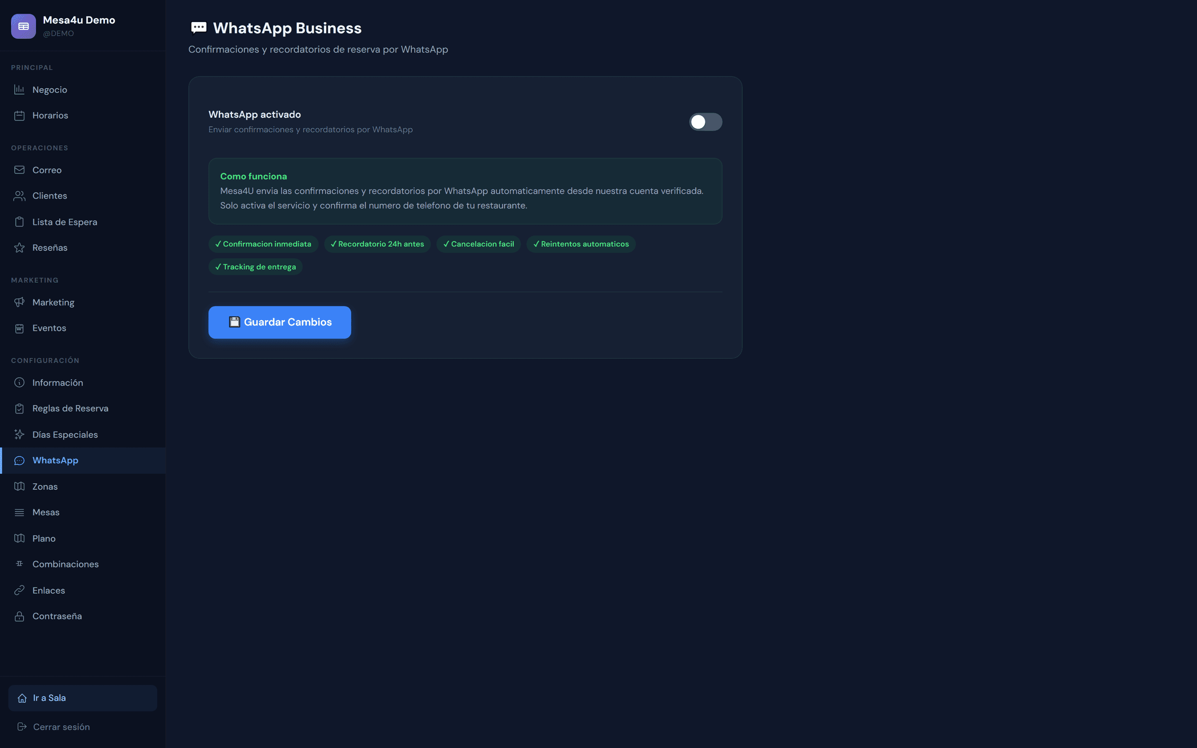 Mesa4U — configuración de WhatsApp Business