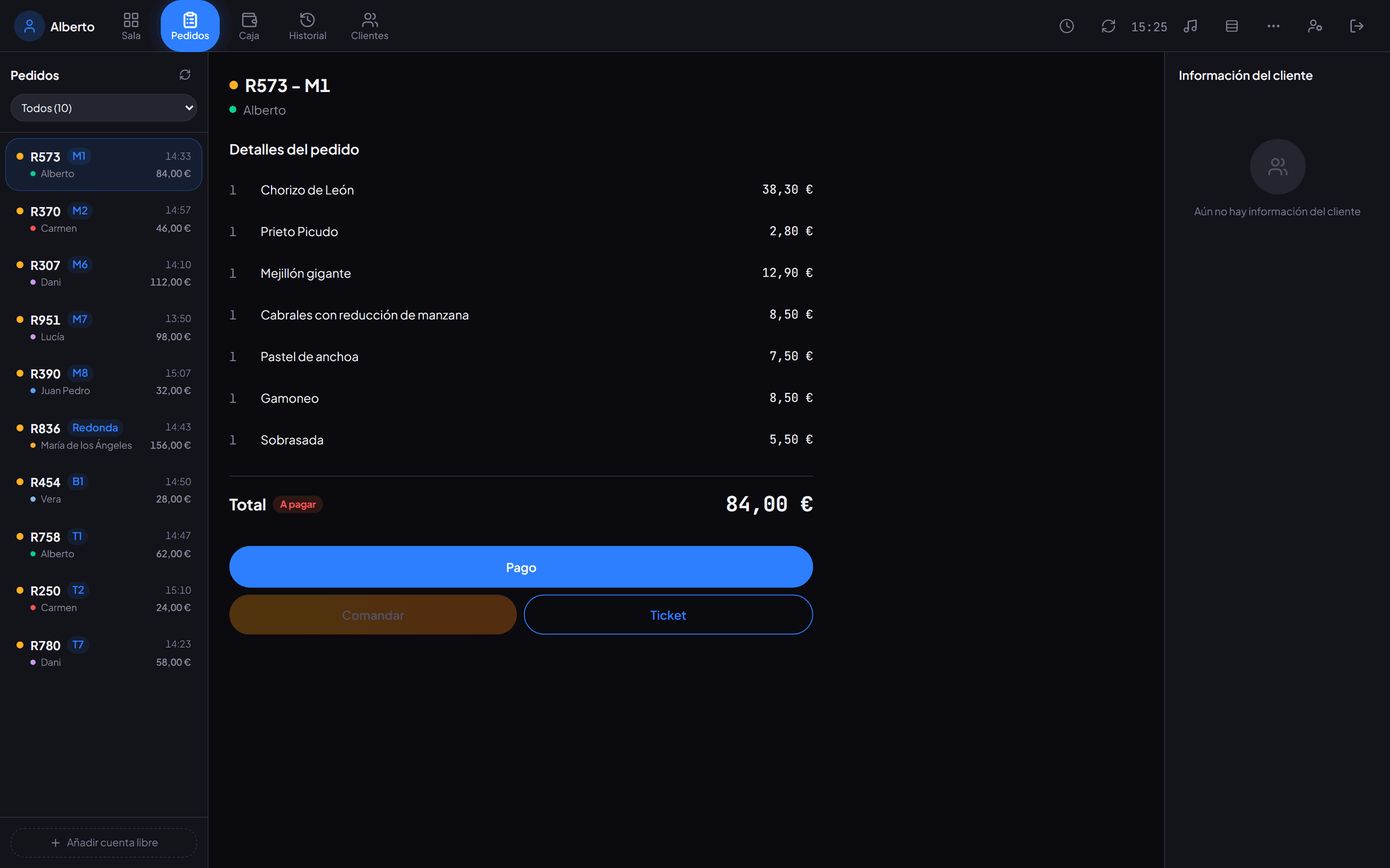 TPV Fraxuo — pedidos abiertos con el detalle del ticket